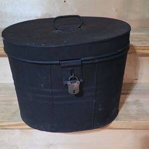 Vintage Black Oval Metal Box with Metal Lock